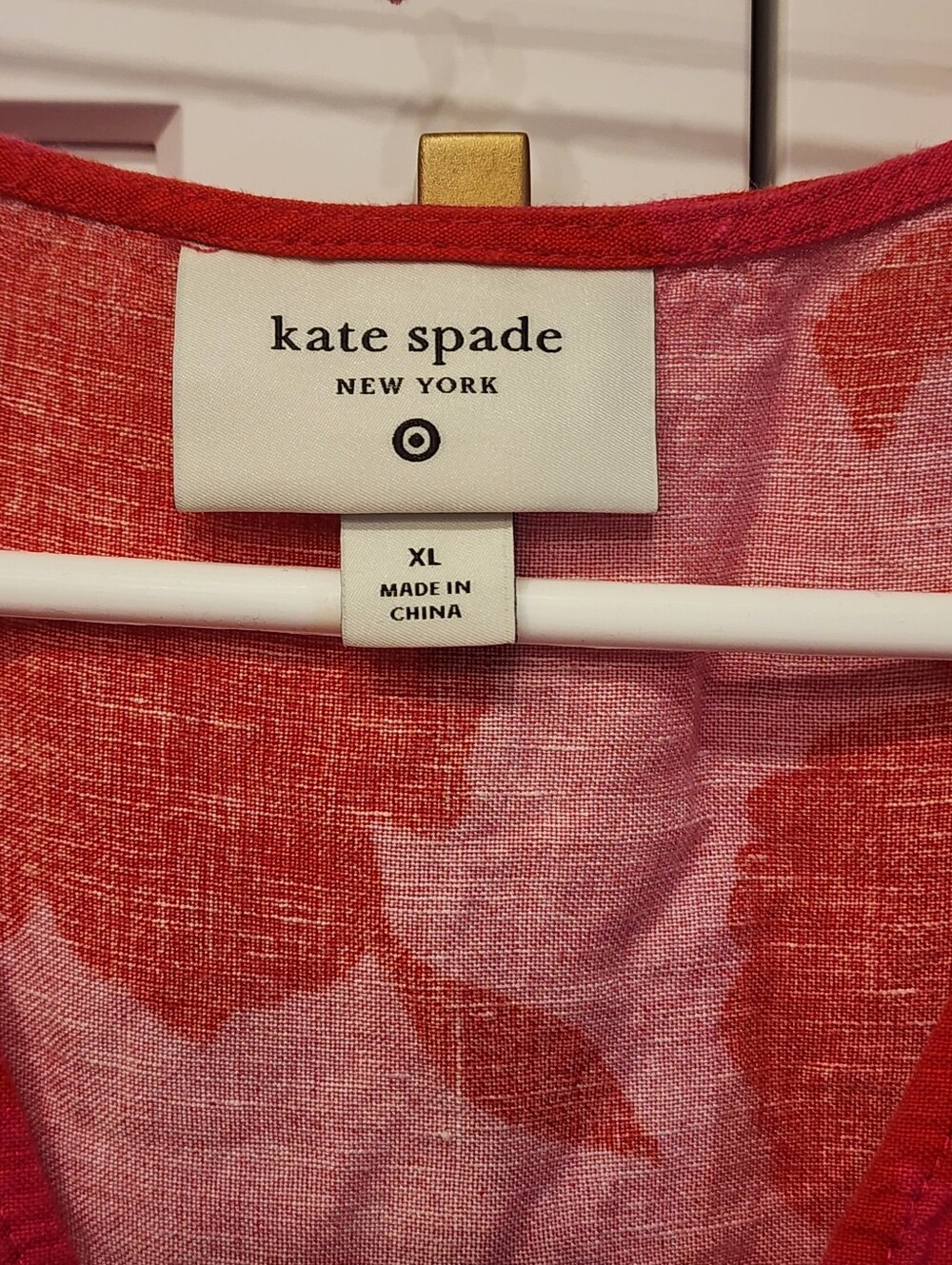 Kate Spade Pink/Red Floral Linen Gathered Dress, Front Ties, Pockets, 3/4 Sleeve - Picture 12 of 14